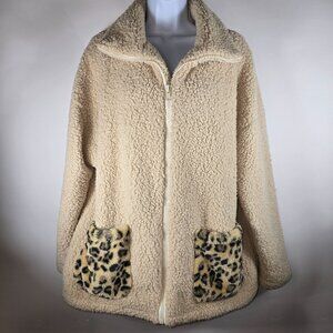 Sherpa Fleece Jacket Beige Leopard Trim Long Sleeve Full Zip Cozy Sz M